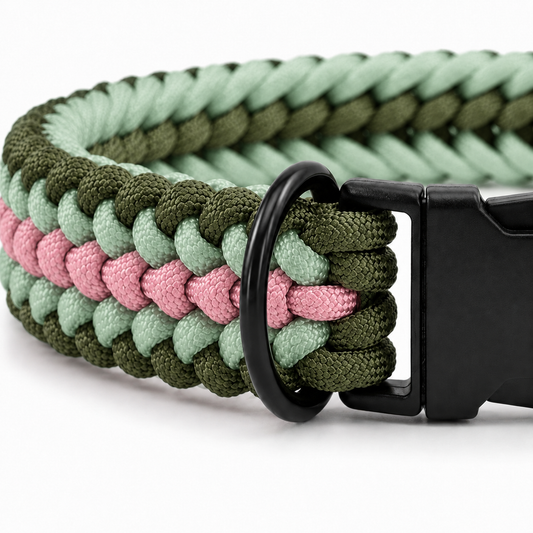 Handgeflochtenes Paracord Hundehalsband in Grün und Rosa mit schwarzem Klickverschluss und D-Ring.