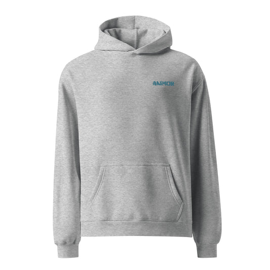 Grauer Hoodie mit schwarzem Pferdekopf-Motiv und blauem Stern-Element auf dem Rücken.
