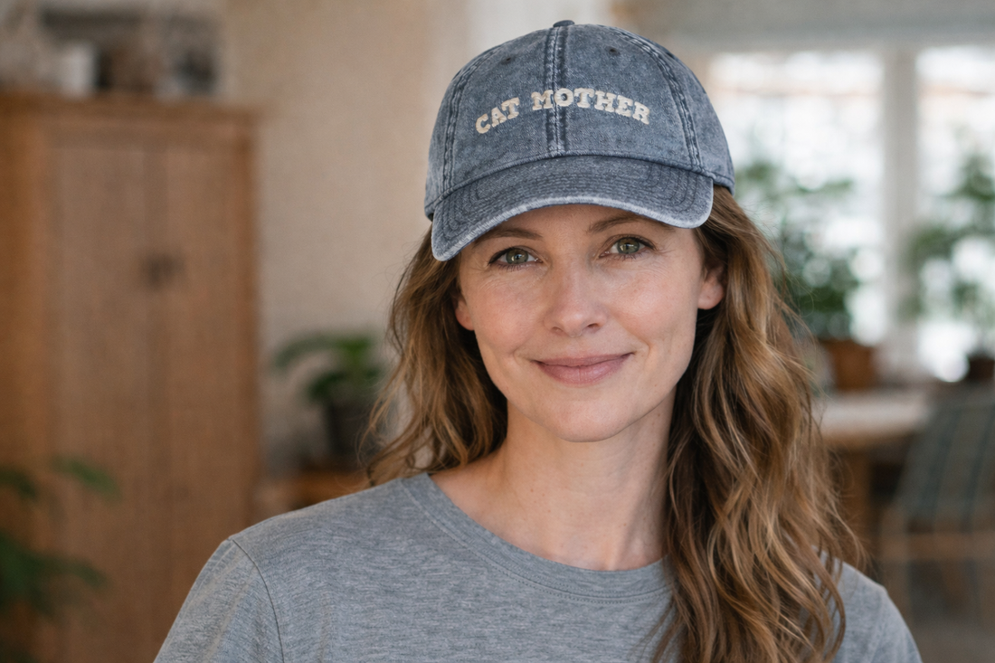 Frau mit grauem T-Shirt und einer dunkelblauen Vintage-Basecap mit „Cat Mother“-Stick in wohnlicher Umgebung. 