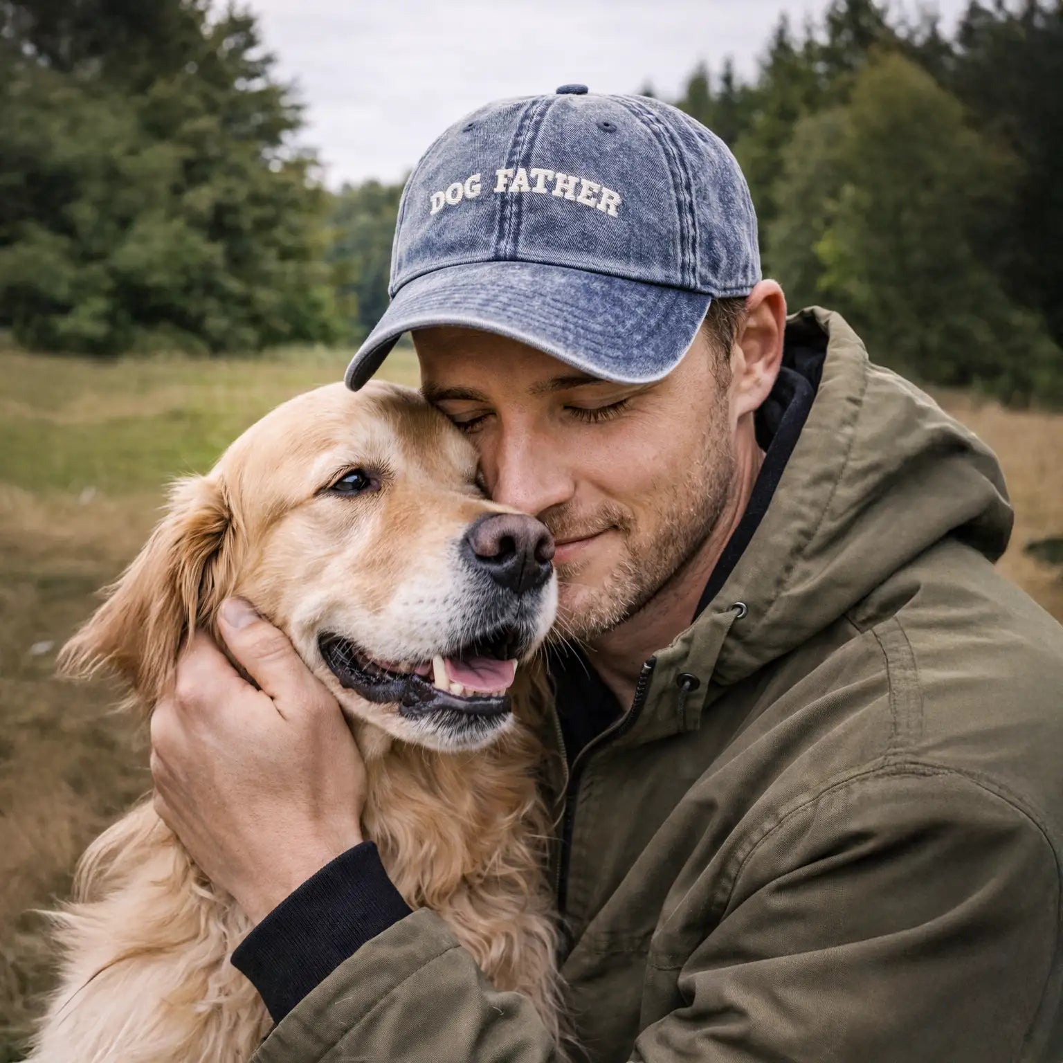 Mann kuschelt mit Golden Retriever & trägt blaue Cap mit Stick „DOG FATHER“.