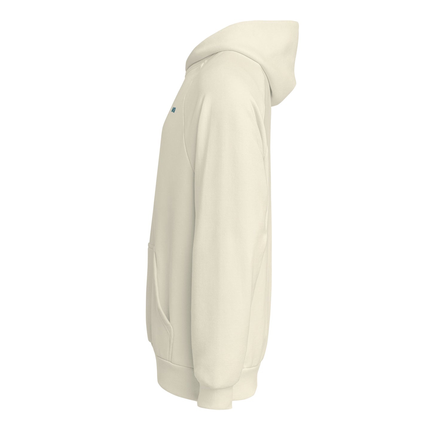 Seitenansicht: Animor Merch Hoodie mit kleinem petrolfarbenen Animor Logo auf der linken Brust.