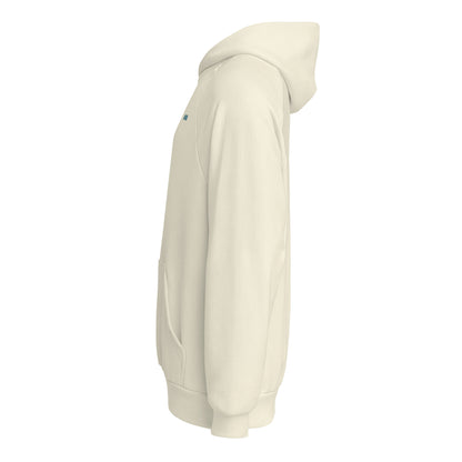 Seitenansicht: Animor Merch Hoodie mit kleinem petrolfarbenen Animor Logo auf der linken Brust.