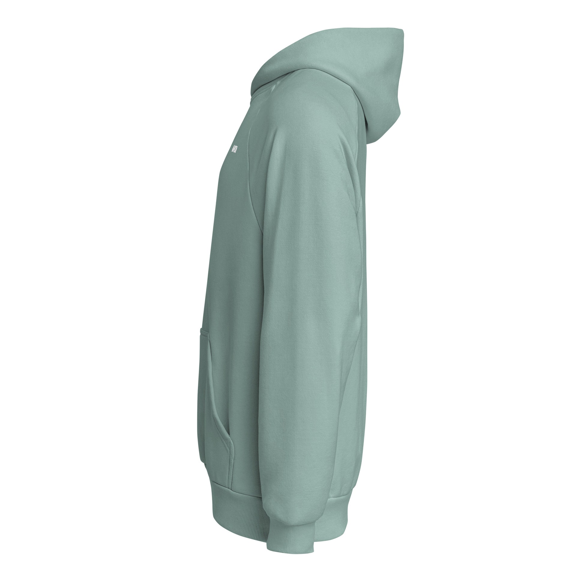 Seitenansicht: Animor Merch Hoodie mit kleinem weißen Animor Logo auf der linken Brust.