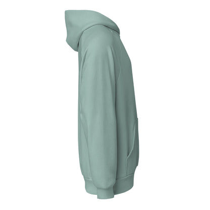 Seitenansicht: Animor Merch Hoodie mit kleinem weißen Animor Logo auf der linken Brust. 