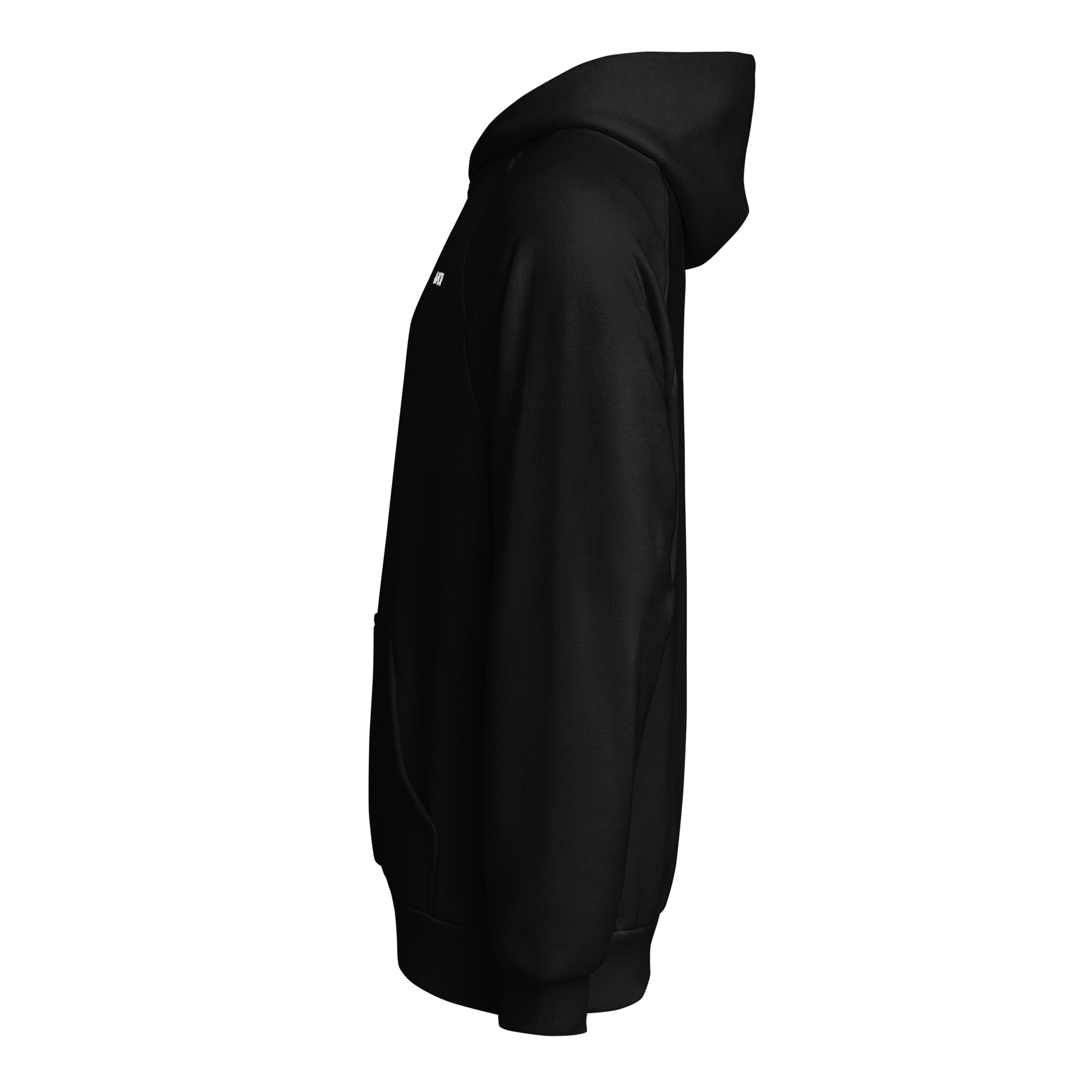 Seitenansicht: Animor Merch Hoodie mit kleinem weißen Animor Logo auf der linken Brust.