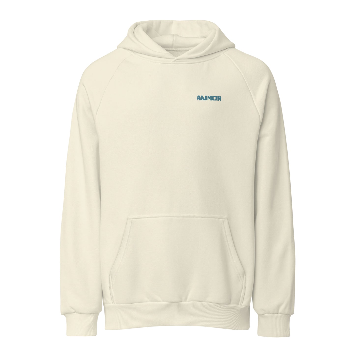Animor Merch Hoodie mit kleinem petrolfarbenen Animor Logo auf der linken Brust.