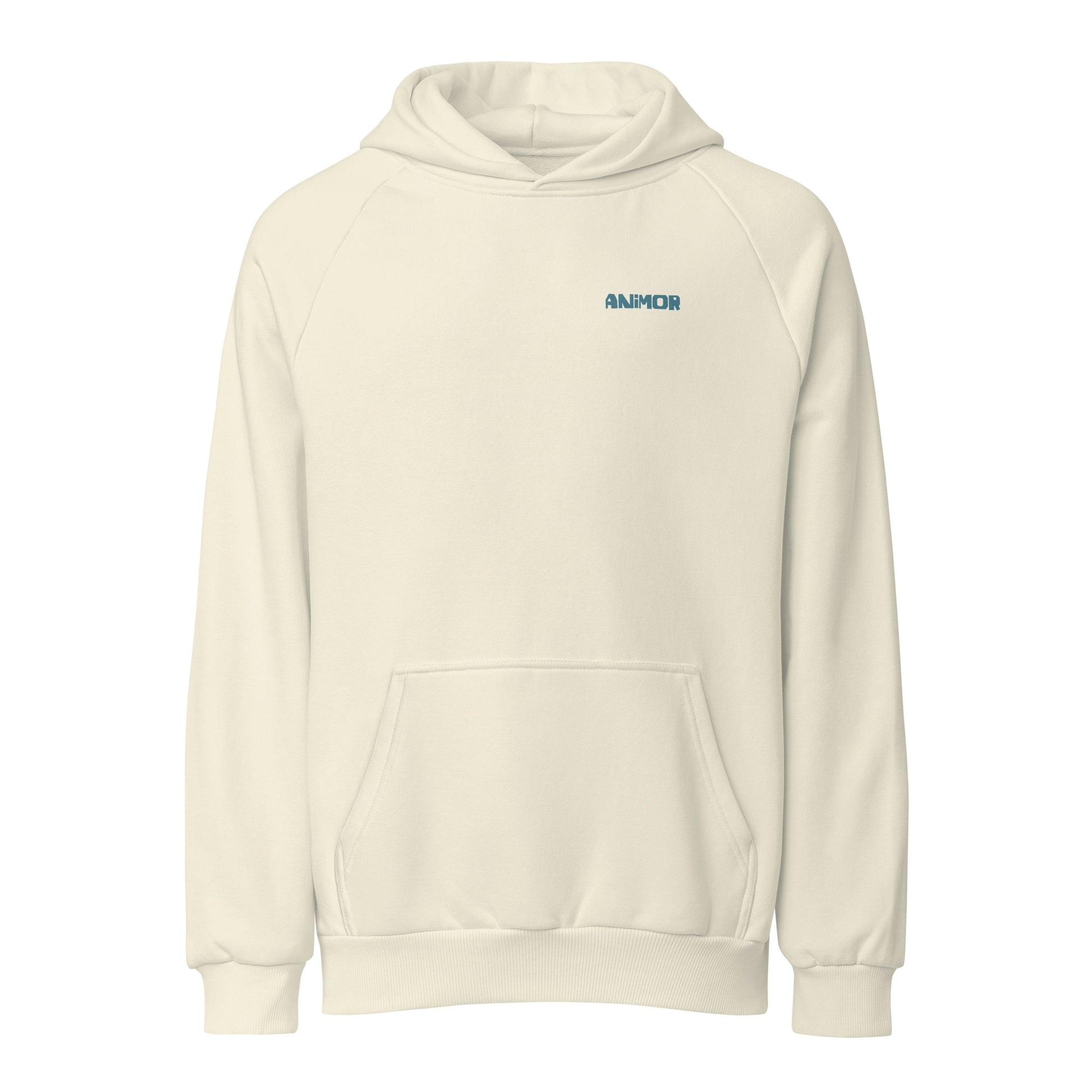 Animor Merch Hoodie mit kleinem petrolfarbenen Animor Logo auf der linken Brust.