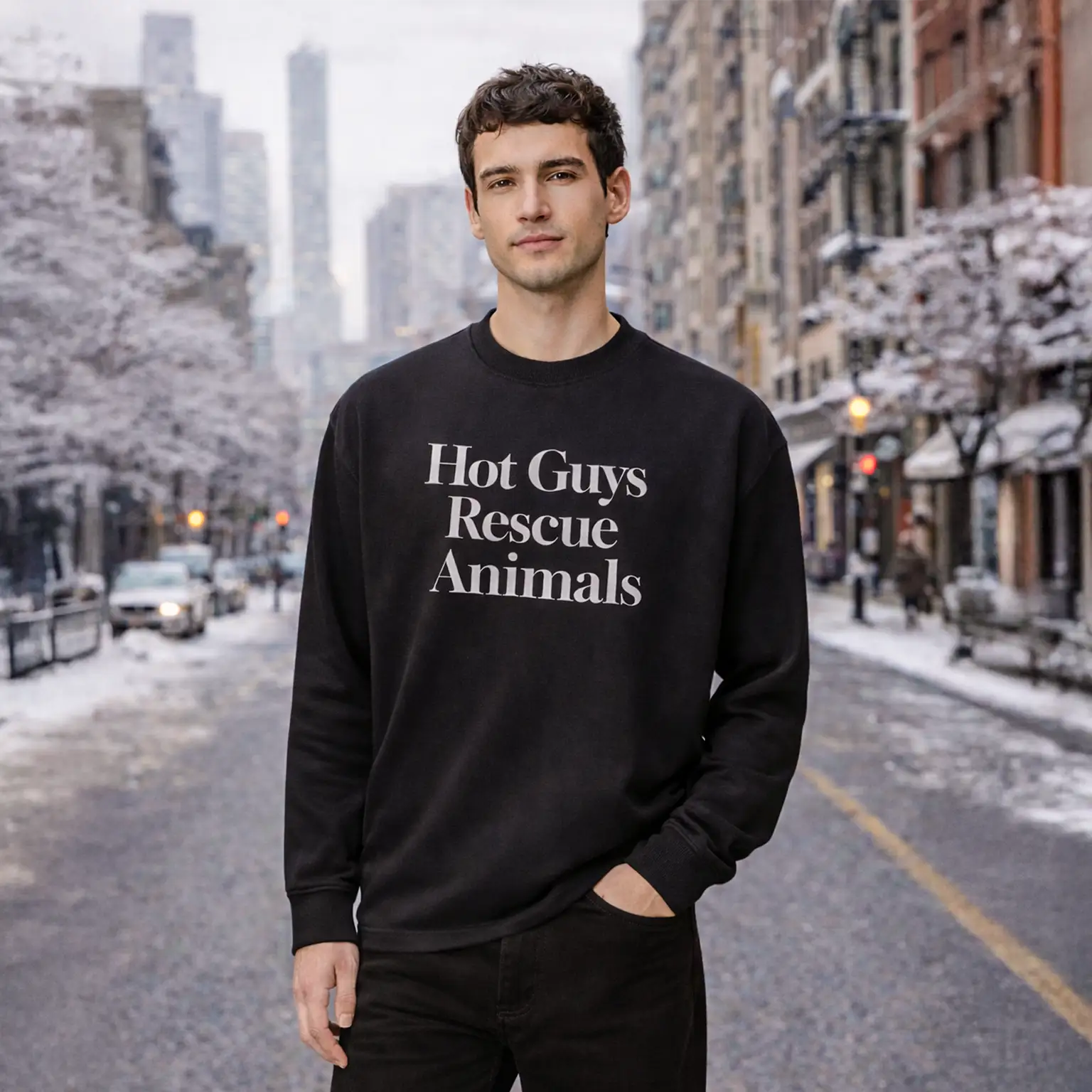 Mann trägt schwarzes Sweatshirt mit Schriftzug „Hot Guys Rescue Animals“ von Animor