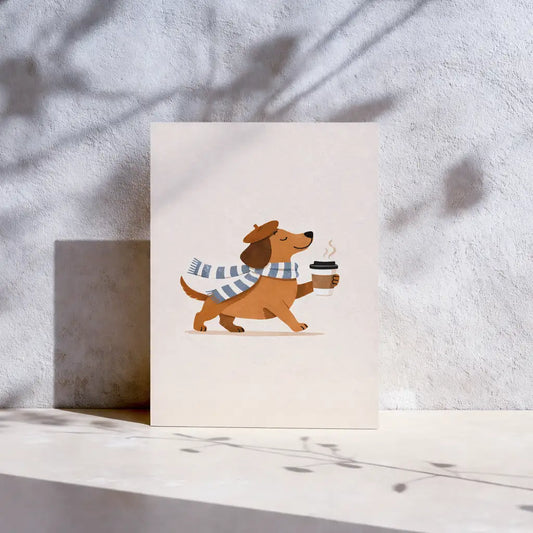 Motivkarte mit Illustration eines fröhlichen Dackels mit Schal und Barett, der einen Coffee-to-go-Becher trägt.
