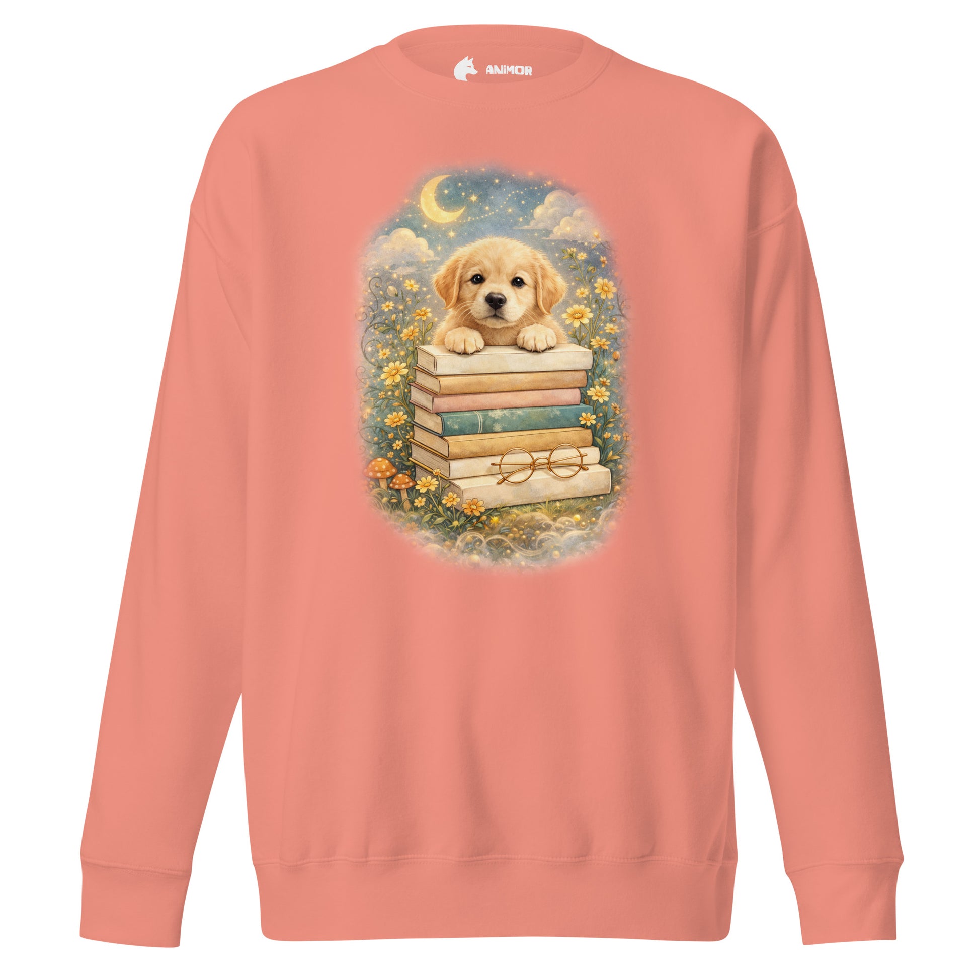 Dogs & Books Club Sweatshirt mit detailreichem Hunde- & Bücherdesign auf der Vorderseite
