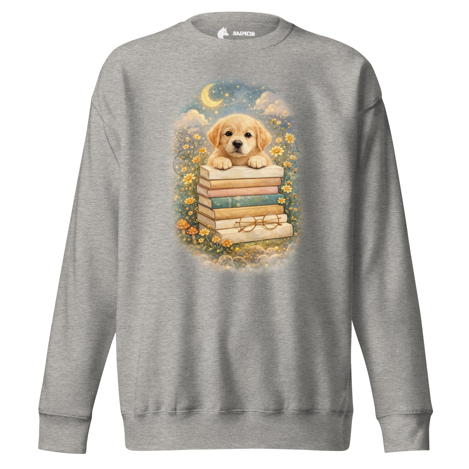 Dogs & Books Club Sweatshirt mit detailreichem Hunde- & Bücherdesign auf der Vorderseite