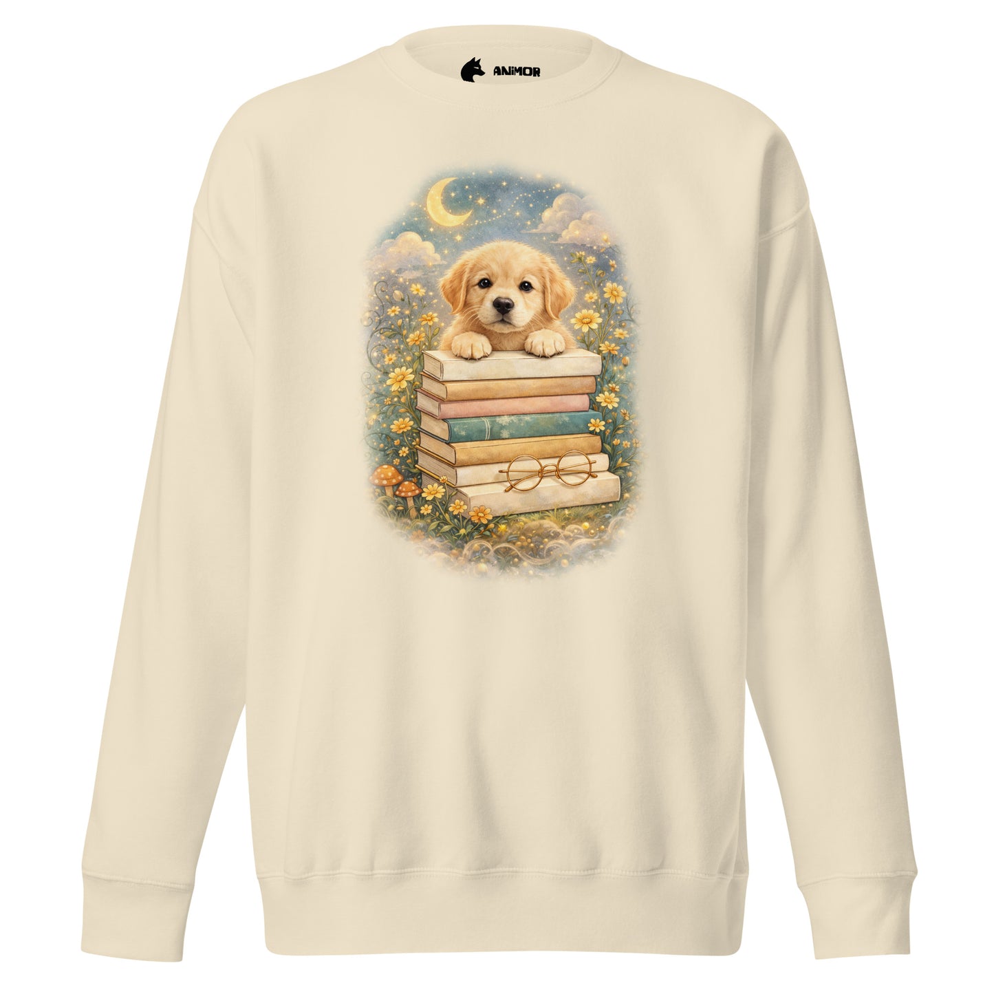 Dogs & Books Club Sweatshirt mit detailreichem Hunde- & Bücherdesign auf der Vorderseite