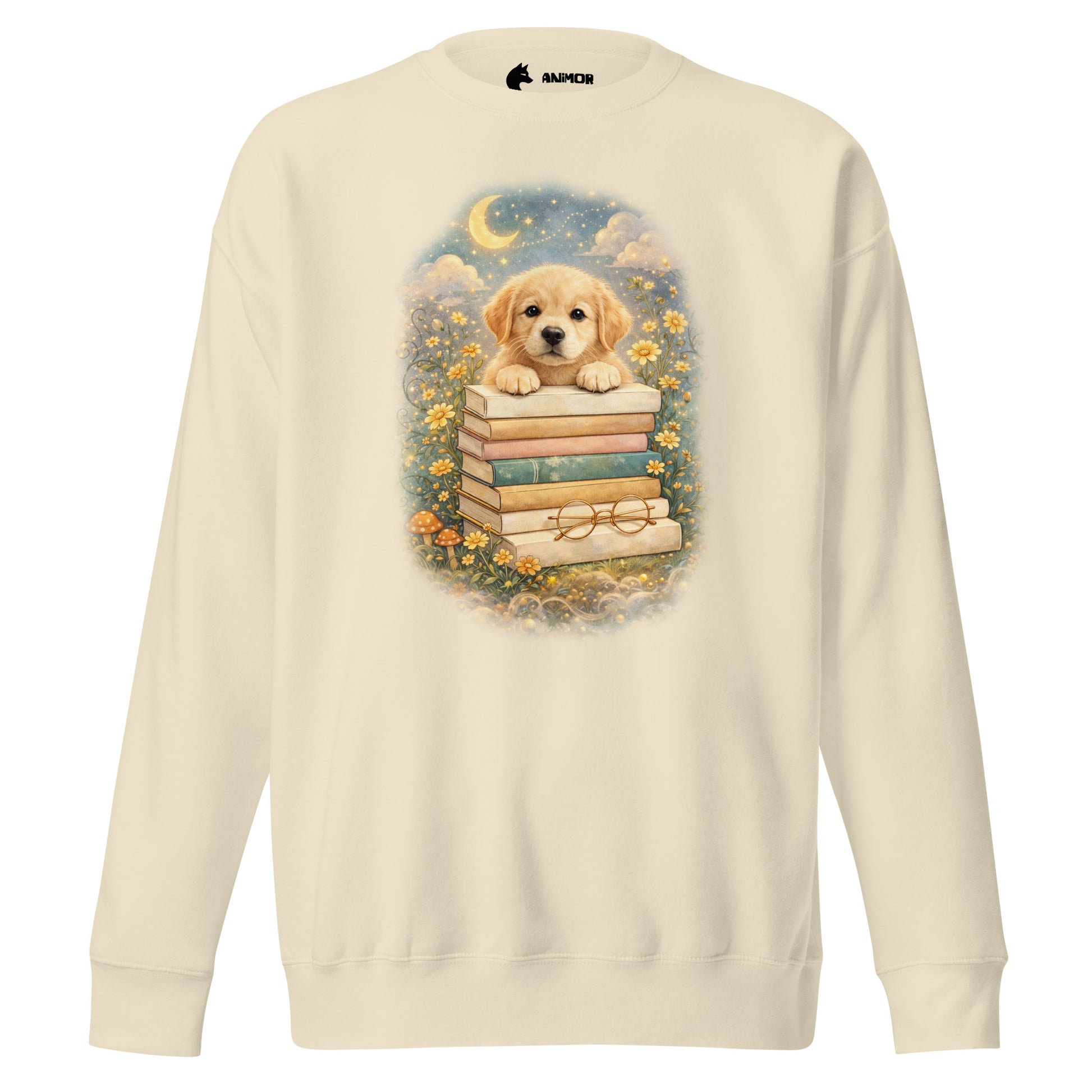 Dogs & Books Club Sweatshirt mit detailreichem Hunde- & Bücherdesign auf der Vorderseite