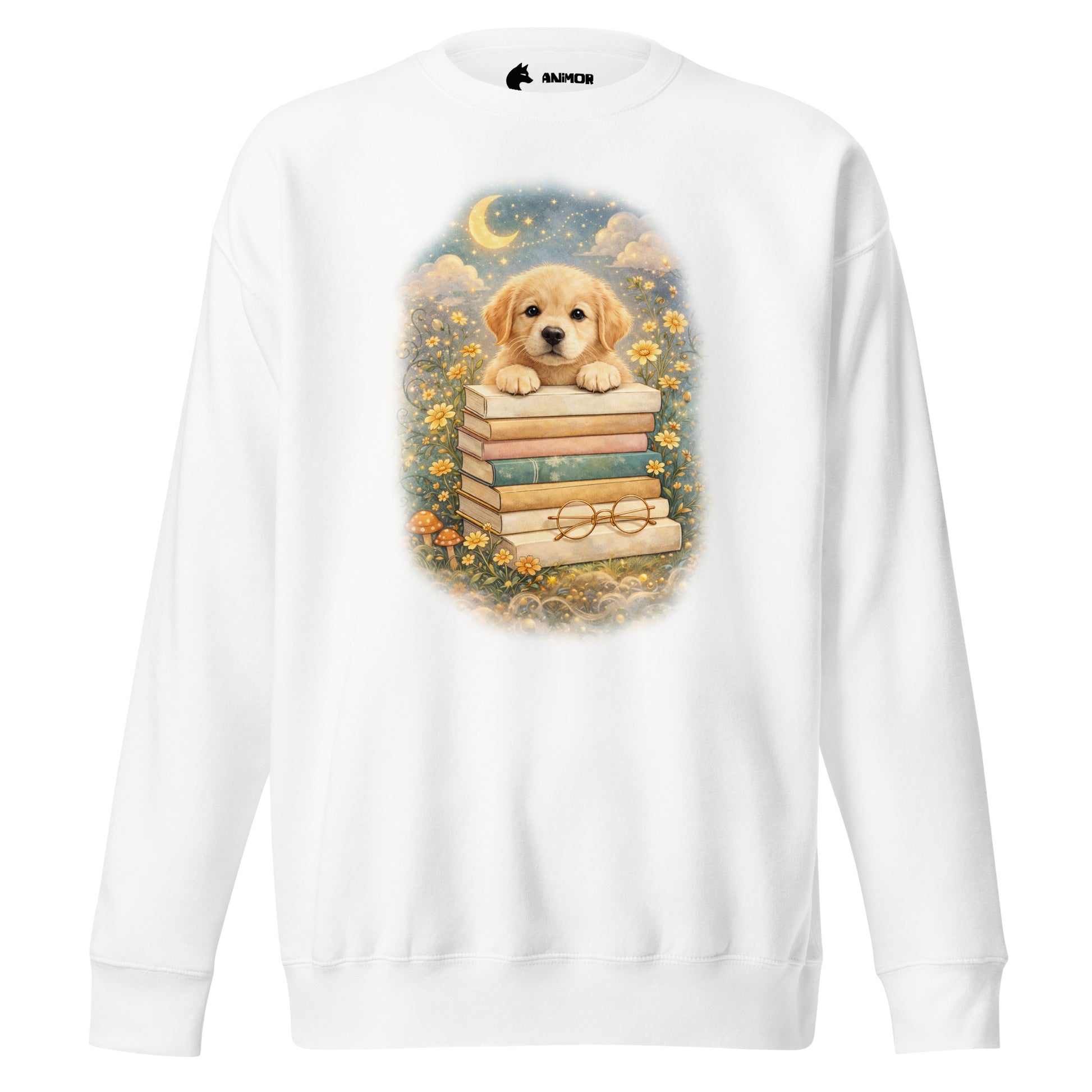 Dogs & Books Club Sweatshirt mit detailreichem Hunde- & Bücherdesign auf der Vorderseite