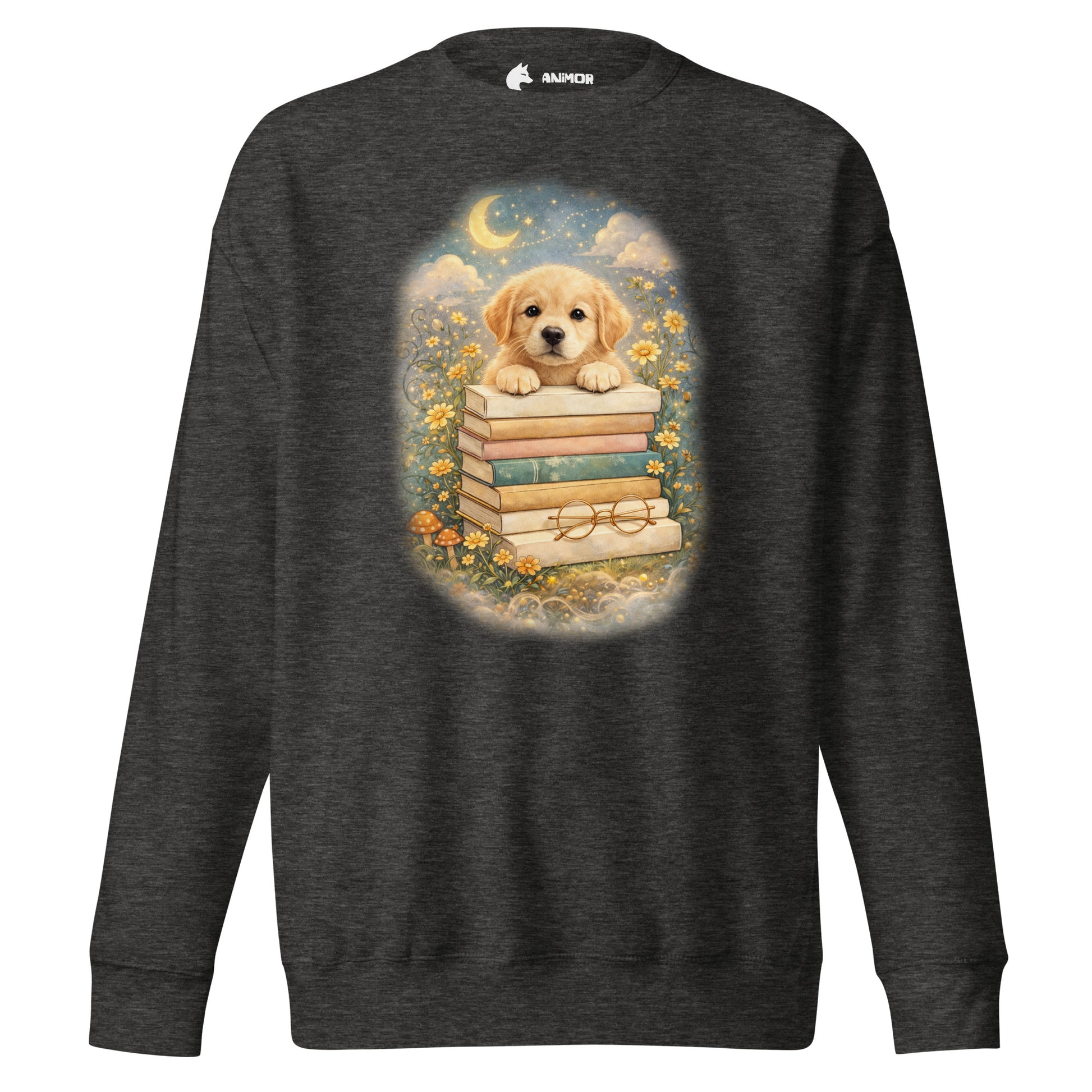 Dogs & Books Club Sweatshirt mit detailreichem Hunde- & Bücherdesign auf der Vorderseite