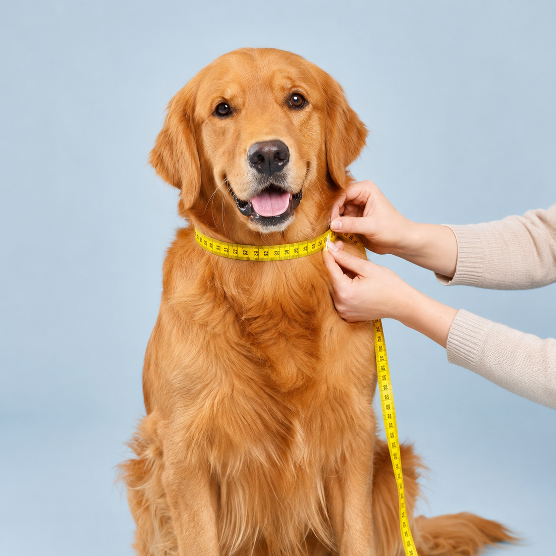 Golden Retriever wird mit einem Maßband am Hals vermessen, um die passende Größe für ein Hundehalsband zu bestimmen.