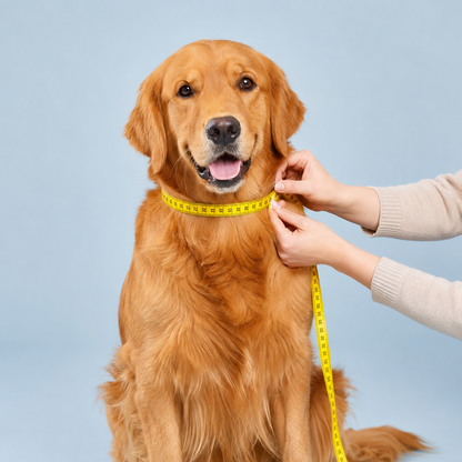 Golden Retriever wird mit einem Maßband am Hals vermessen, um die passende Größe für ein Hundehalsband zu bestimmen.