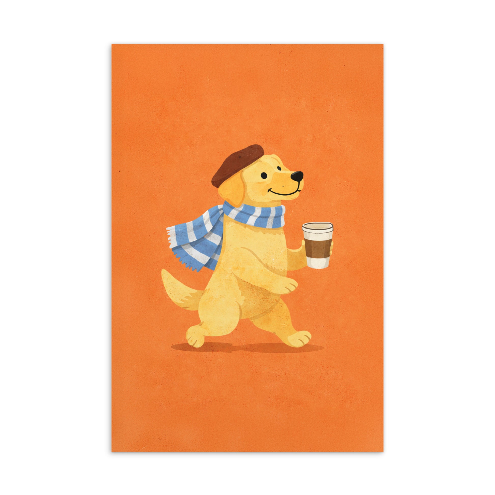 Motivkarte mit Illustration eines fröhlichen Golden Retrievers mit Schal und Barett, der einen Coffee-to-go-Becher trägt.