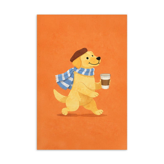 Motivkarte mit Illustration eines fröhlichen Golden Retrievers mit Schal und Barett, der einen Coffee-to-go-Becher trägt.