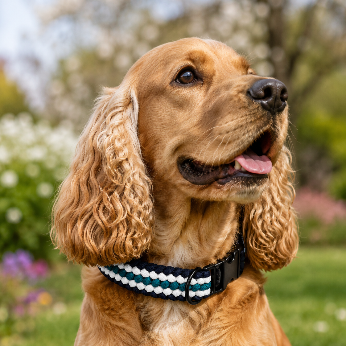 Handgeflochtenes Paracord Hundehalsband in Blau mit schwarzem Klickverschluss und D-Ring.