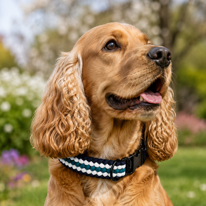 Handgeflochtenes Paracord Hundehalsband in Blau mit schwarzem Klickverschluss und D-Ring.