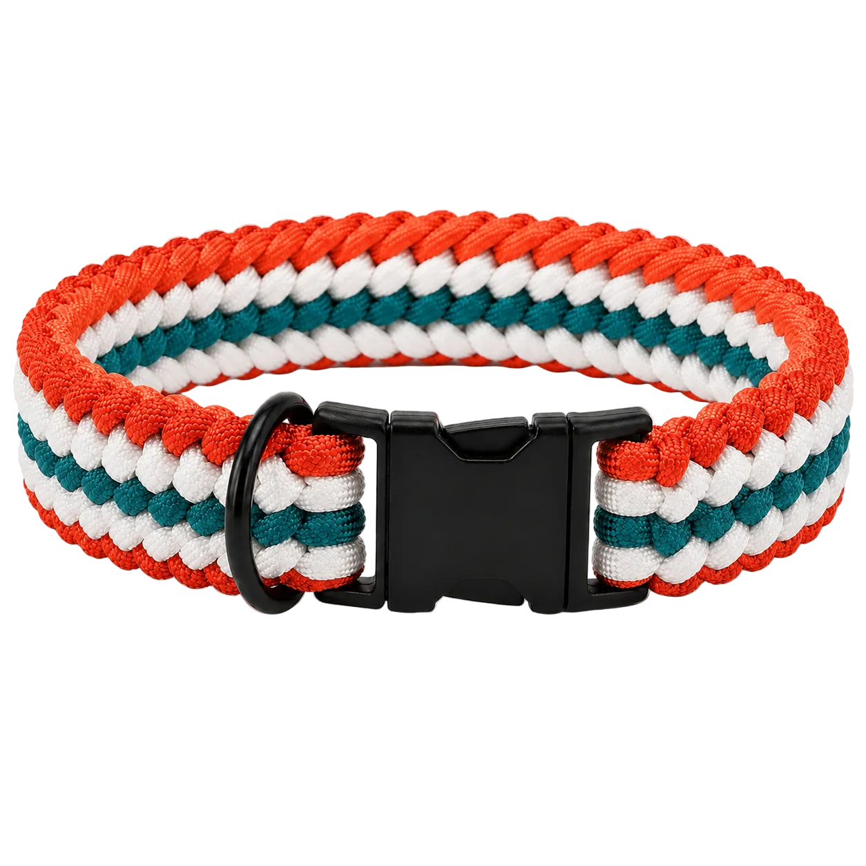 Handgeflochtenes Paracord Hundehalsband in Orange-Grün mit schwarzem Klickverschluss und D-Ring.
