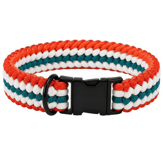 Handgeflochtenes Paracord Hundehalsband in Orange-Grün mit schwarzem Klickverschluss und D-Ring.