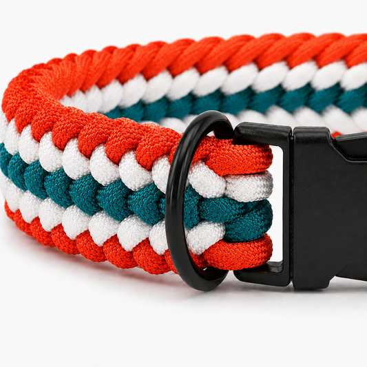 Handgeflochtenes Paracord Hundehalsband in Orange-Grün mit schwarzem Klickverschluss und D-Ring.