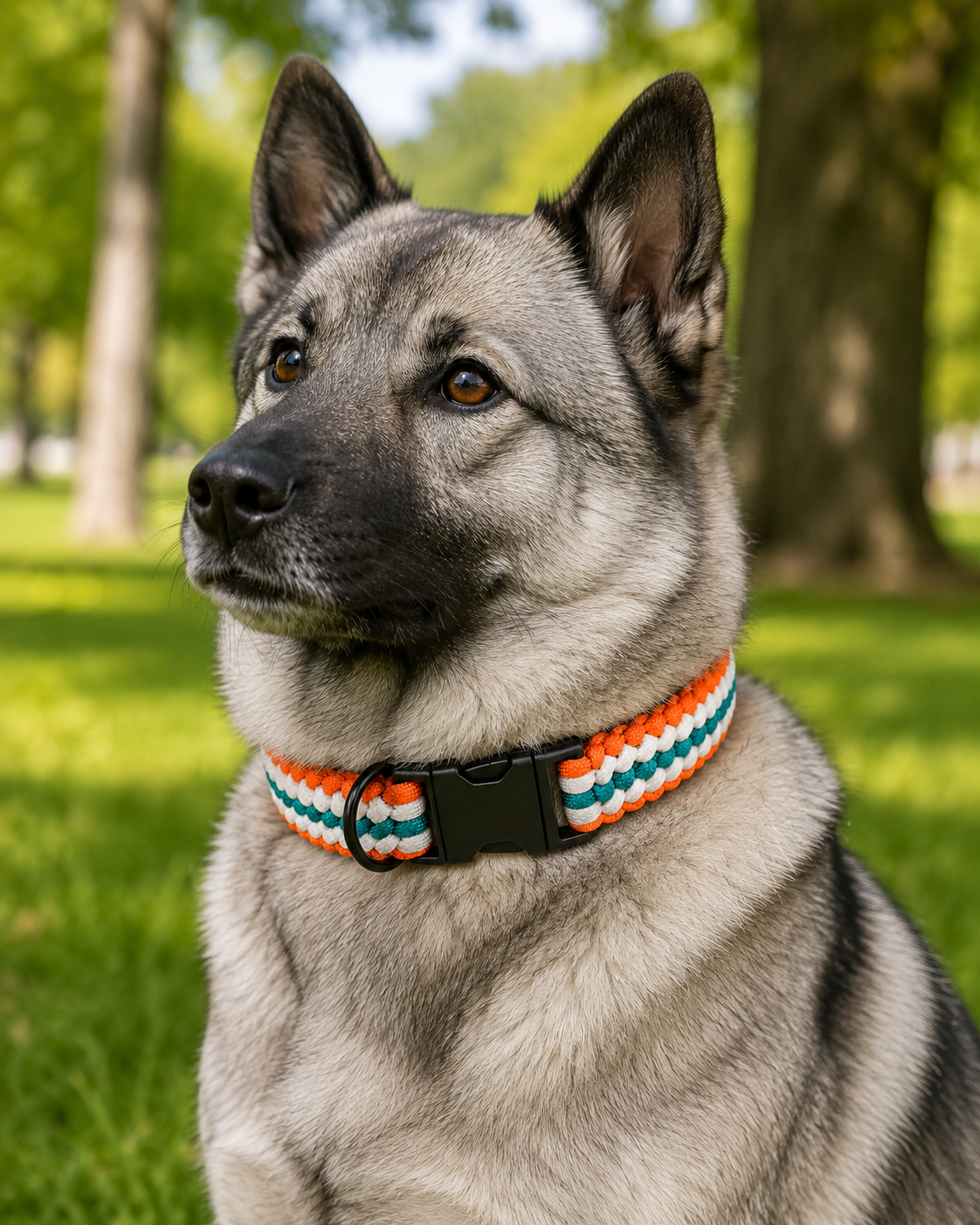 Handgeflochtenes Paracord Hundehalsband in Orange-Grün mit schwarzem Klickverschluss und D-Ring.