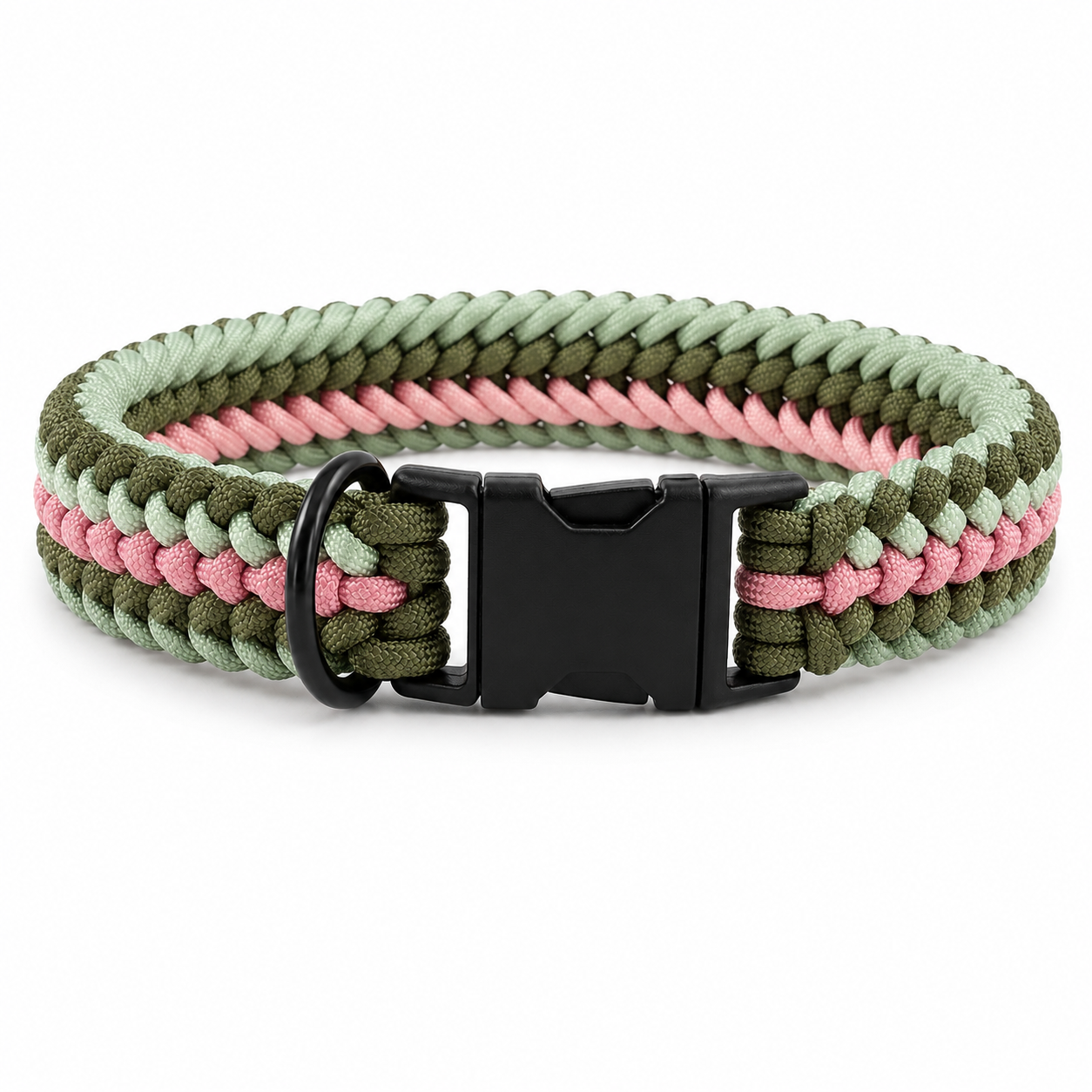 Handgeflochtenes Paracord Hundehalsband in Grün und Rosa mit schwarzem Klickverschluss und D-Ring.