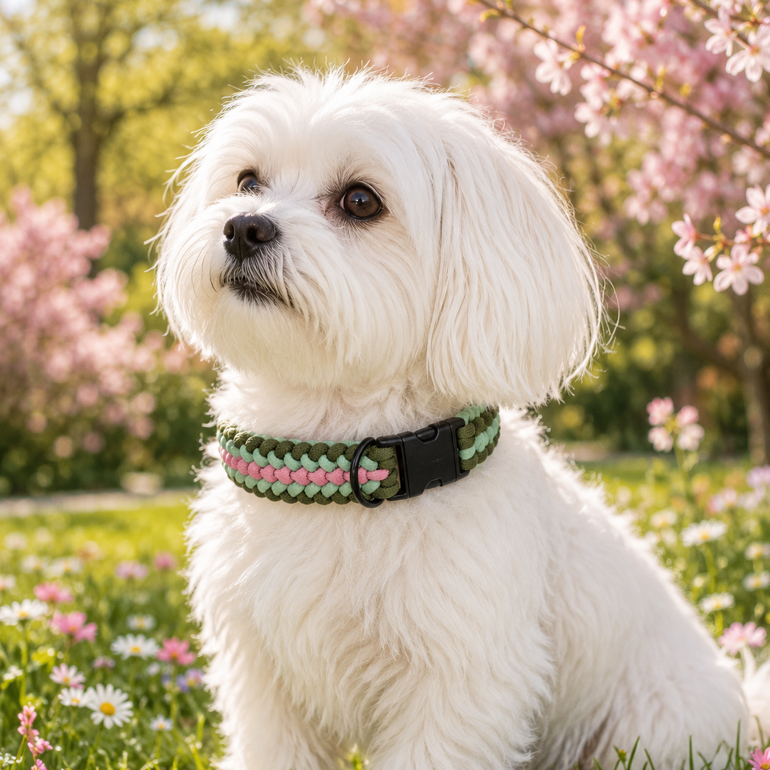 Handgeflochtenes Paracord Hundehalsband in Grün und Rosa mit schwarzem Klickverschluss und D-Ring.