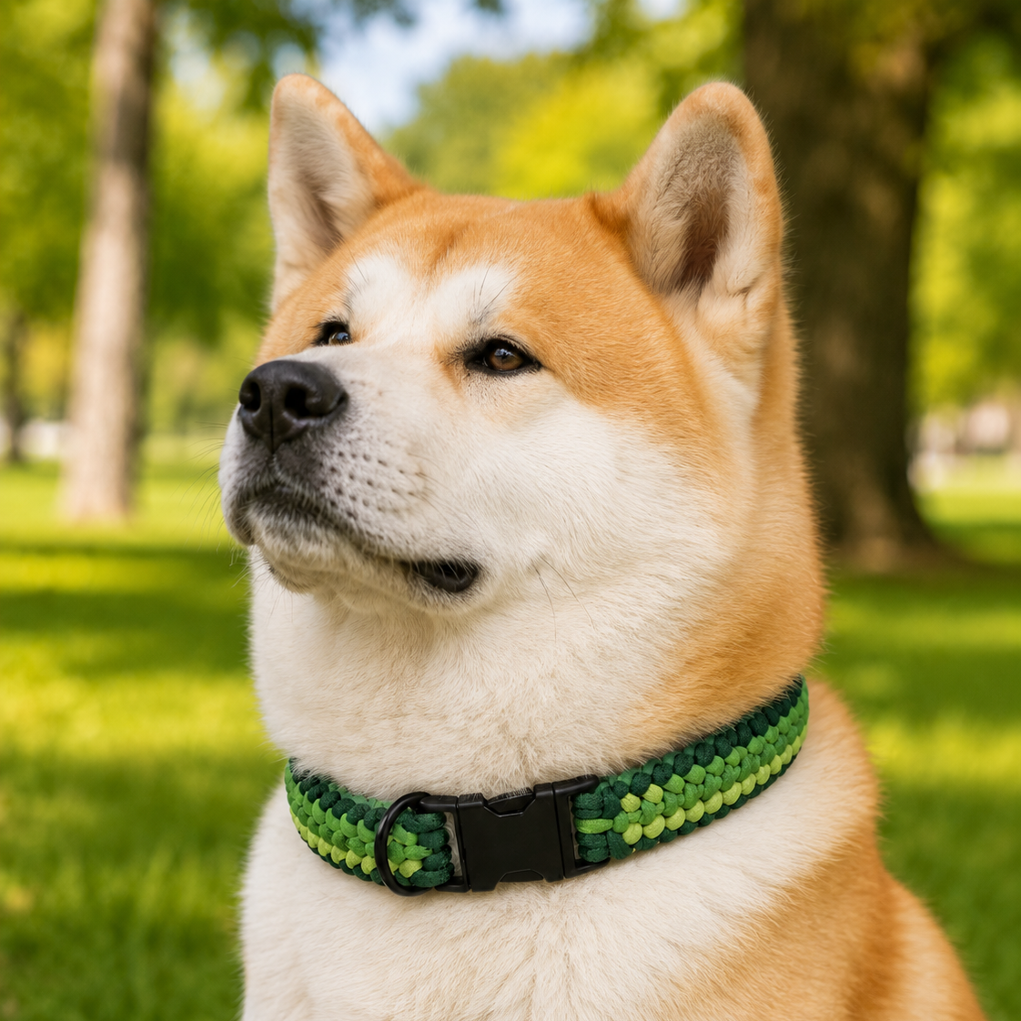 Handgeflochtenes Paracord Hundehalsband in grün mit schwarzem Klickverschluss und D-Ring.