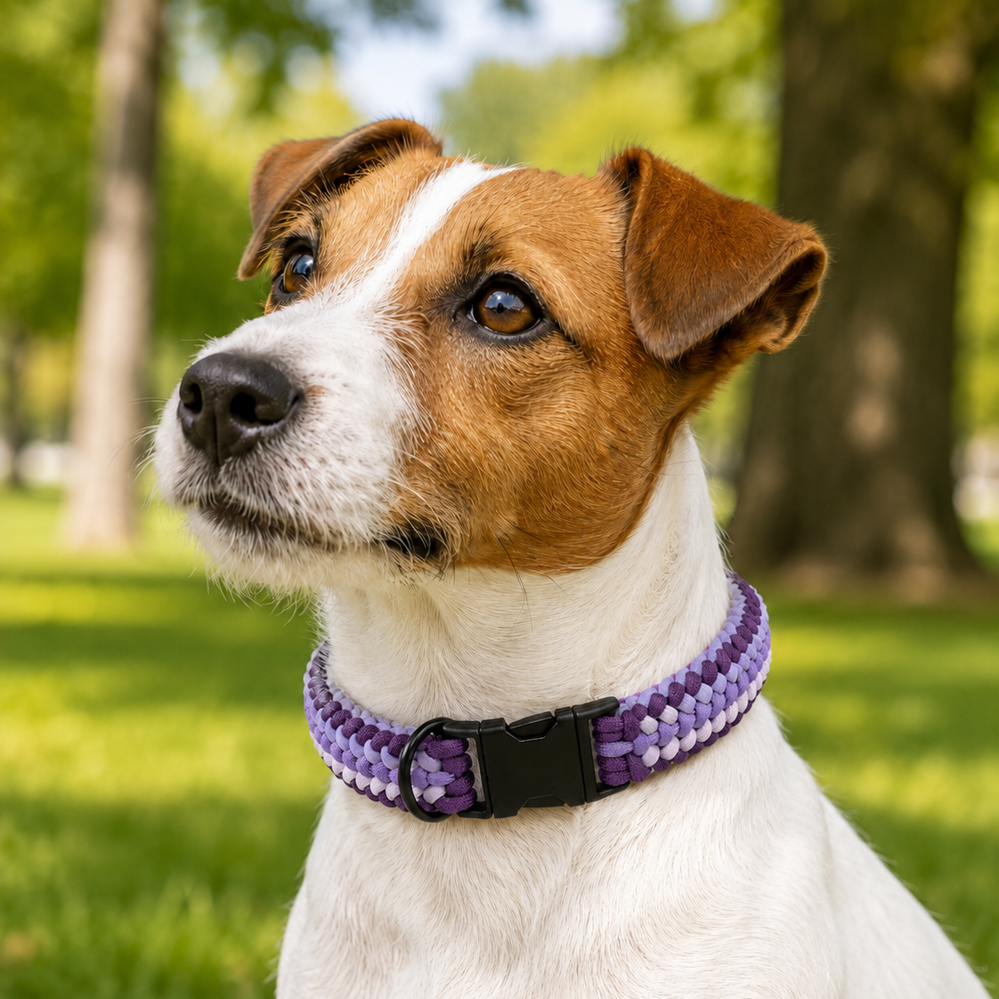 Handgeflochtenes Paracord Hundehalsband in Lila mit schwarzem Klickverschluss und D-Ring.