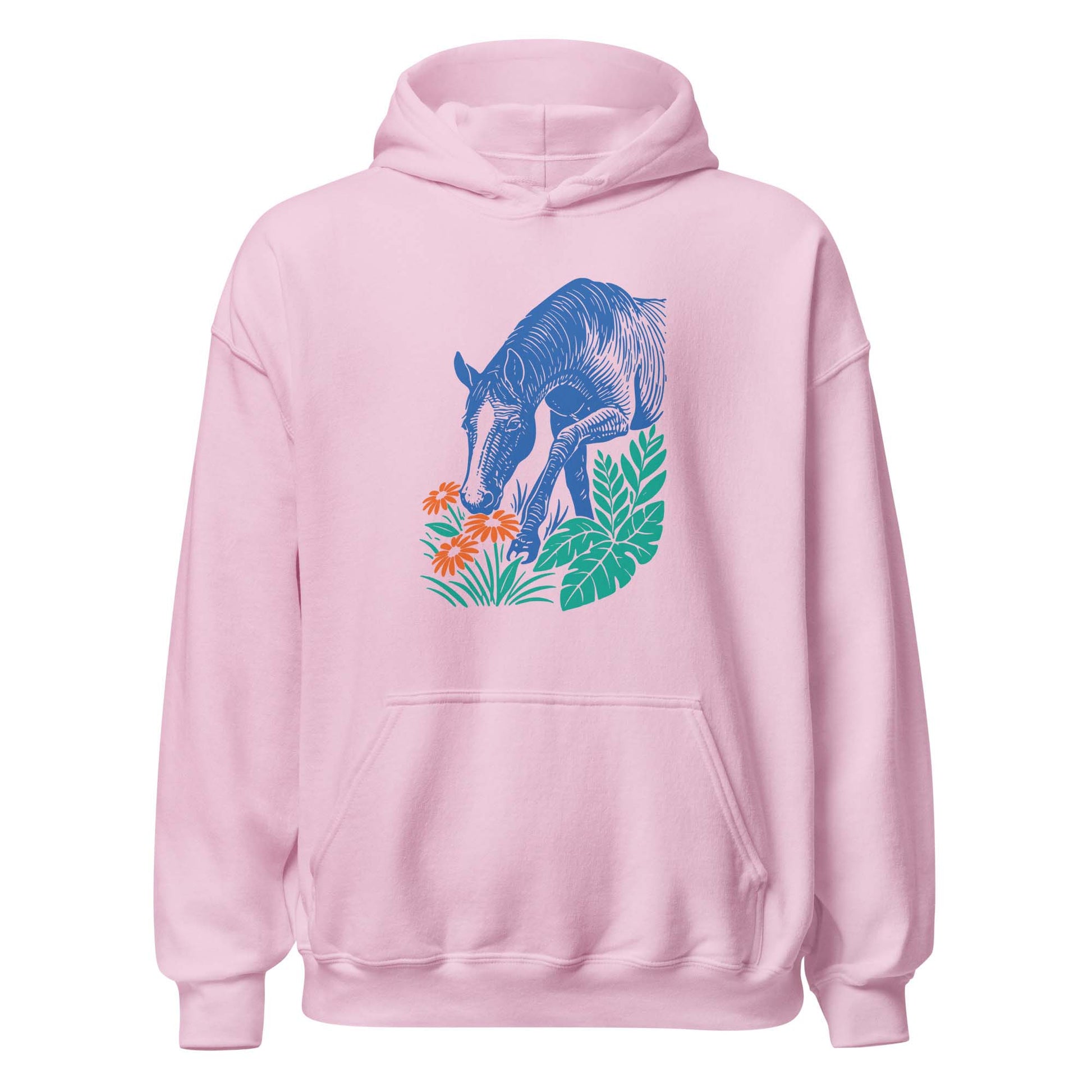 Hoodie mit blauem Pferdemotiv zwischen grünen Blättern und orangefarbenen Blumen