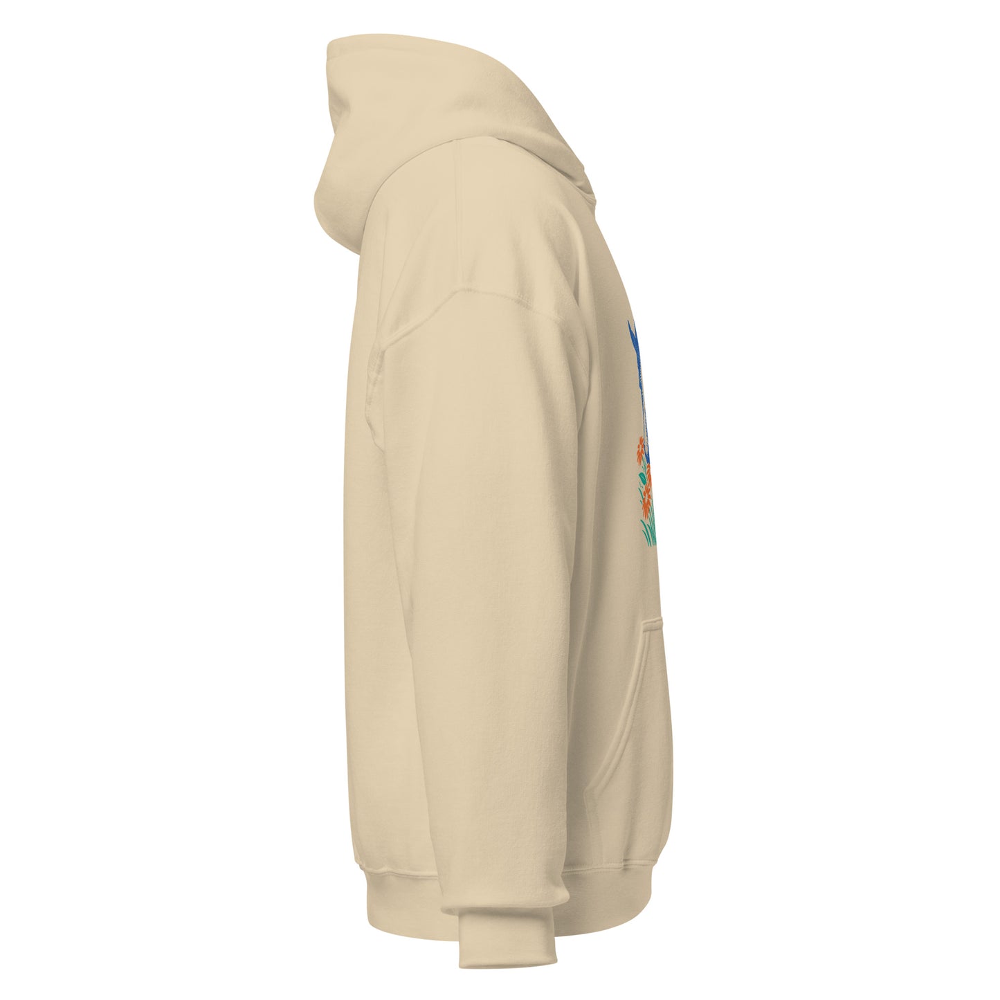 Hoodie mit blauem Pferdemotiv zwischen grünen Blättern und orangefarbenen Blumen