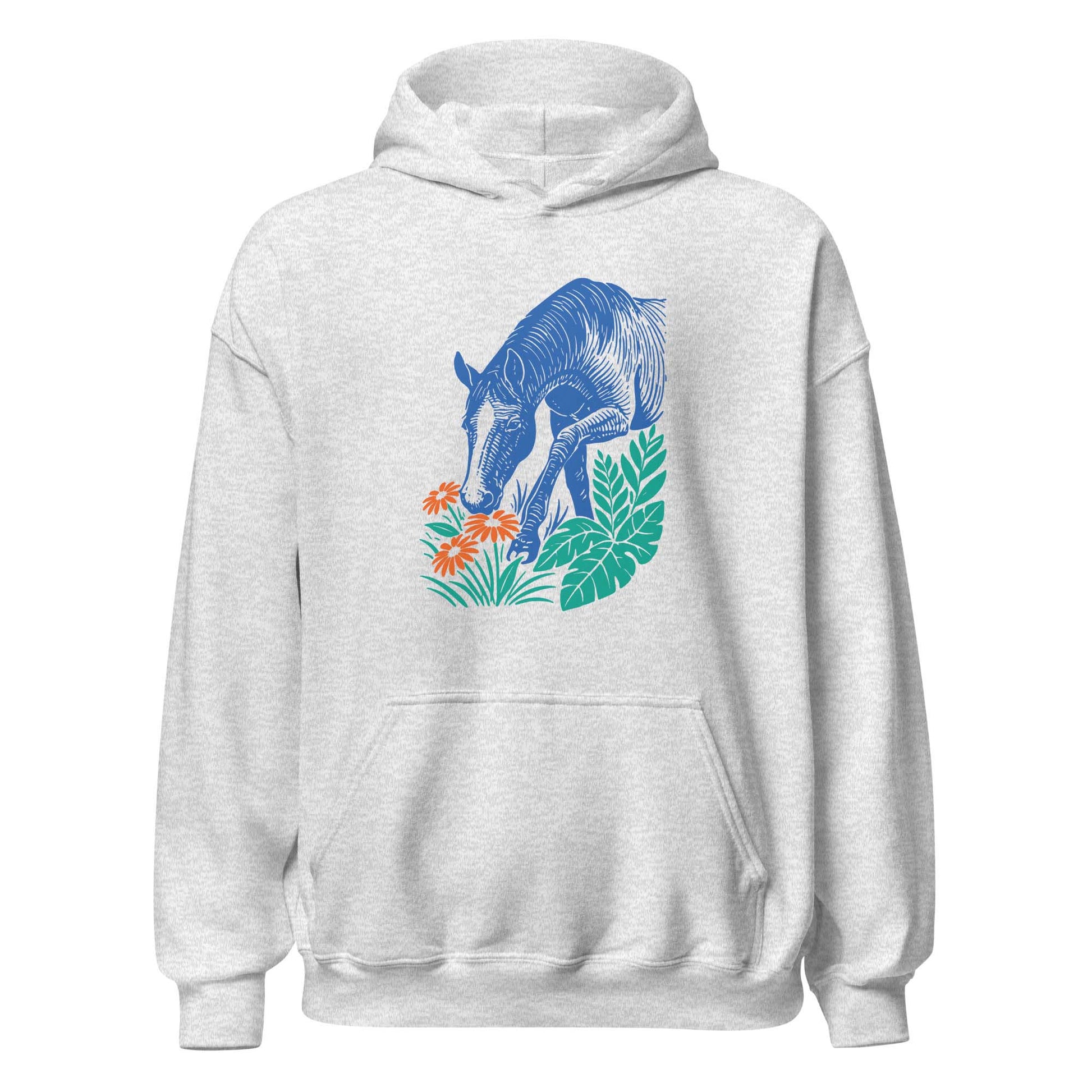 Hoodie mit blauem Pferdemotiv zwischen grünen Blättern und orangefarbenen Blumen