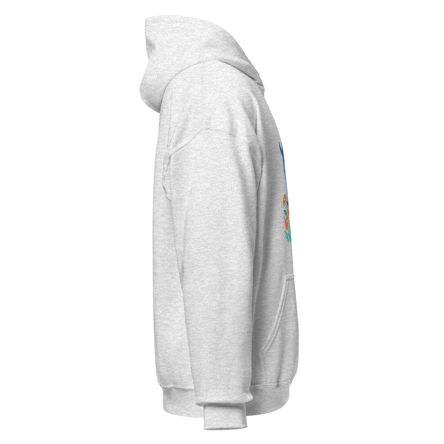 Hoodie mit blauem Pferdemotiv zwischen grünen Blättern und orangefarbenen Blumen