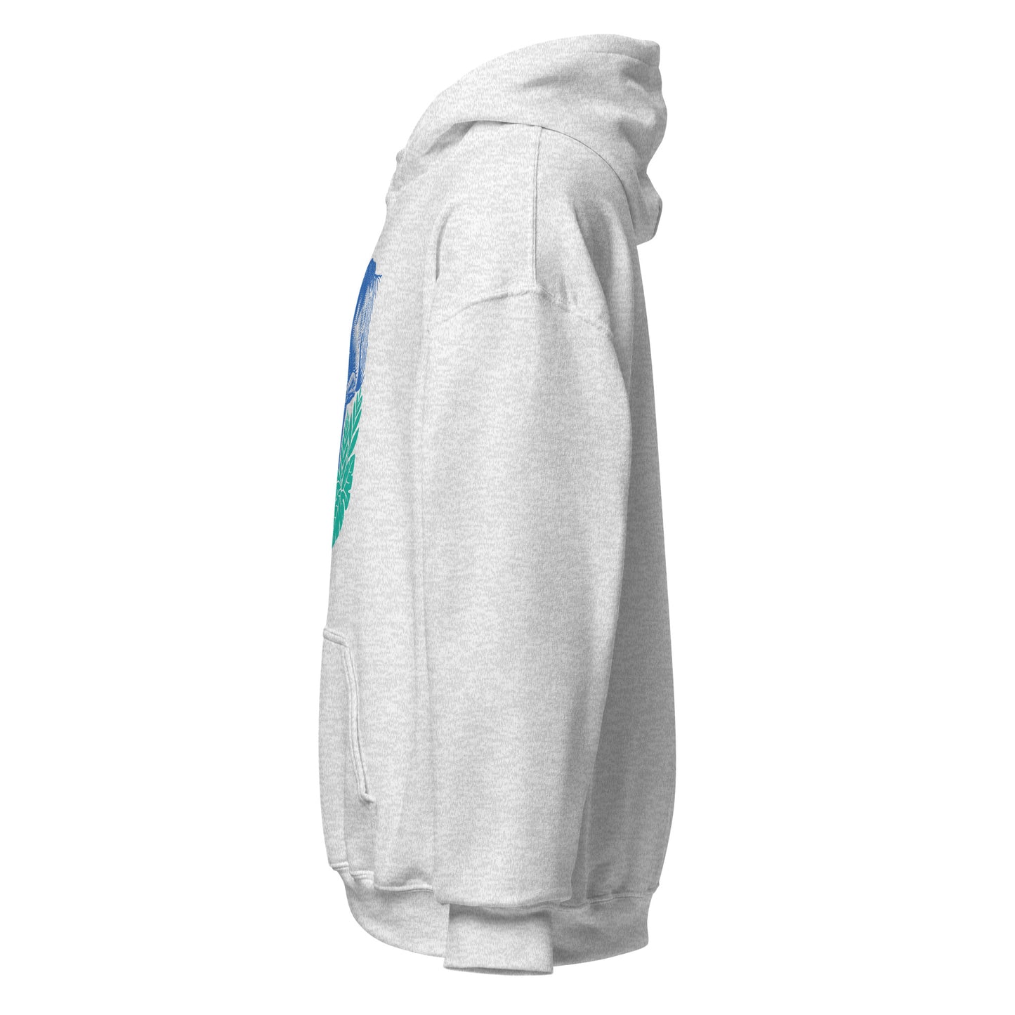 Hoodie mit blauem Pferdemotiv zwischen grünen Blättern und orangefarbenen Blumen