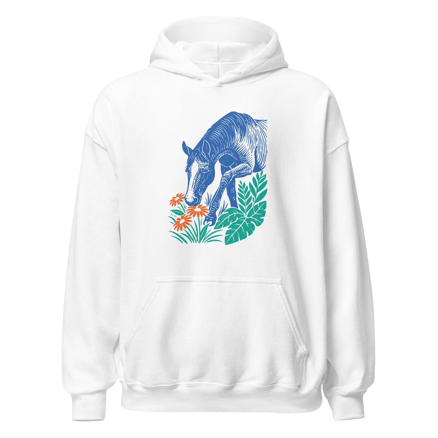 Hoodie mit blauem Pferdemotiv zwischen grünen Blättern und orangefarbenen Blumen