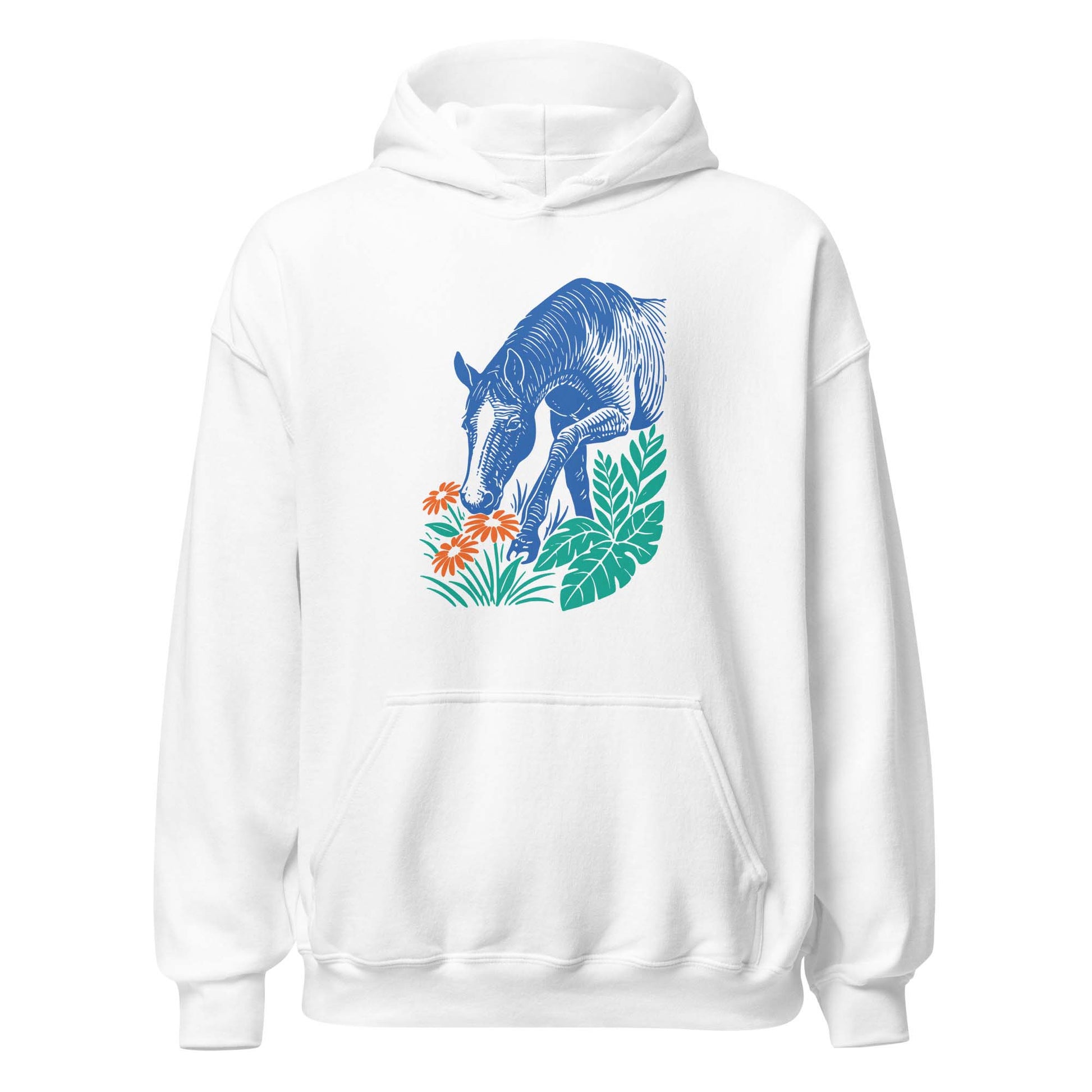 Hoodie mit blauem Pferdemotiv zwischen grünen Blättern und orangefarbenen Blumen