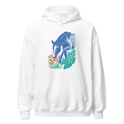 Hoodie mit blauem Pferdemotiv zwischen grünen Blättern und orangefarbenen Blumen