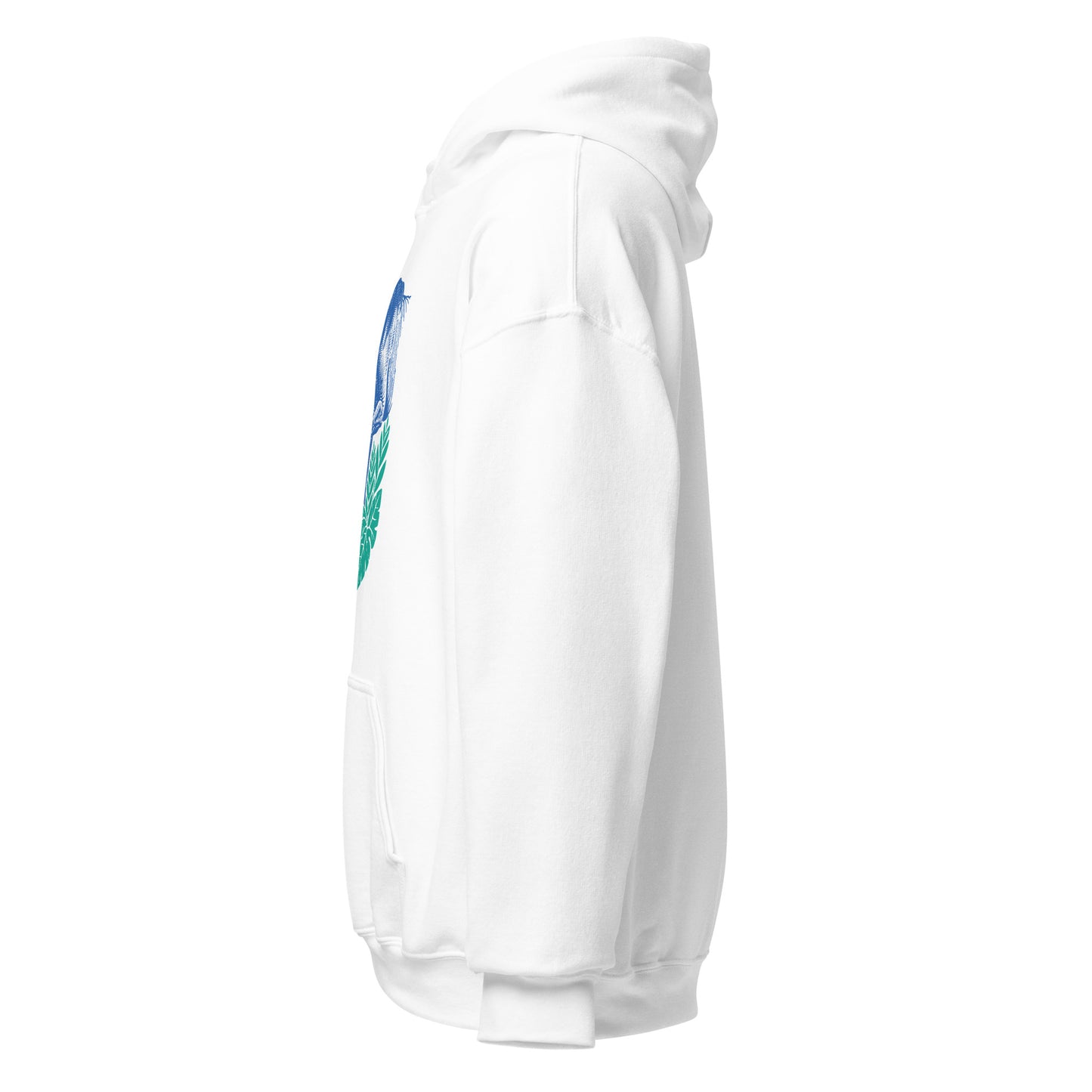 Hoodie mit blauem Pferdemotiv zwischen grünen Blättern und orangefarbenen Blumen