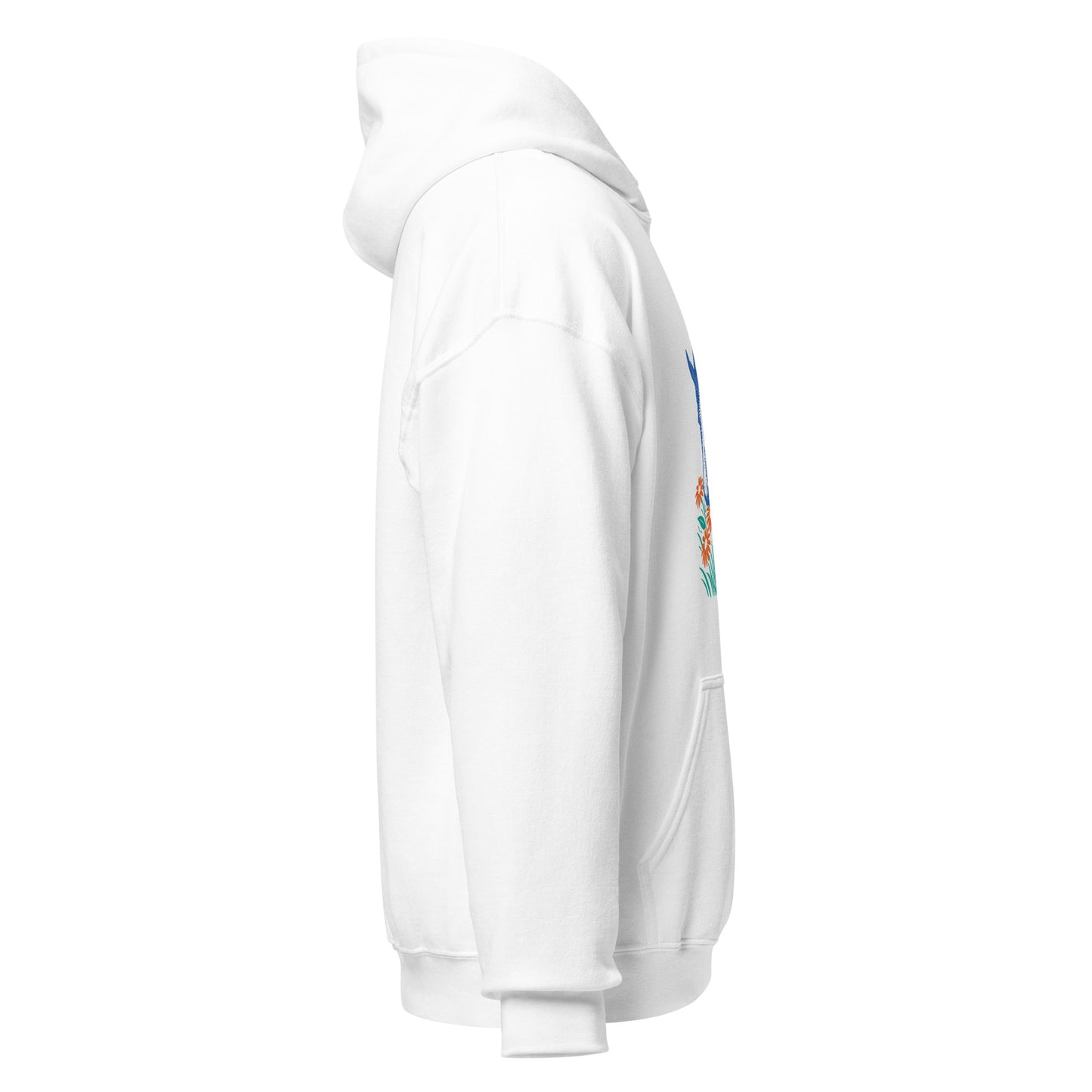 Hoodie mit blauem Pferdemotiv zwischen grünen Blättern und orangefarbenen Blumen