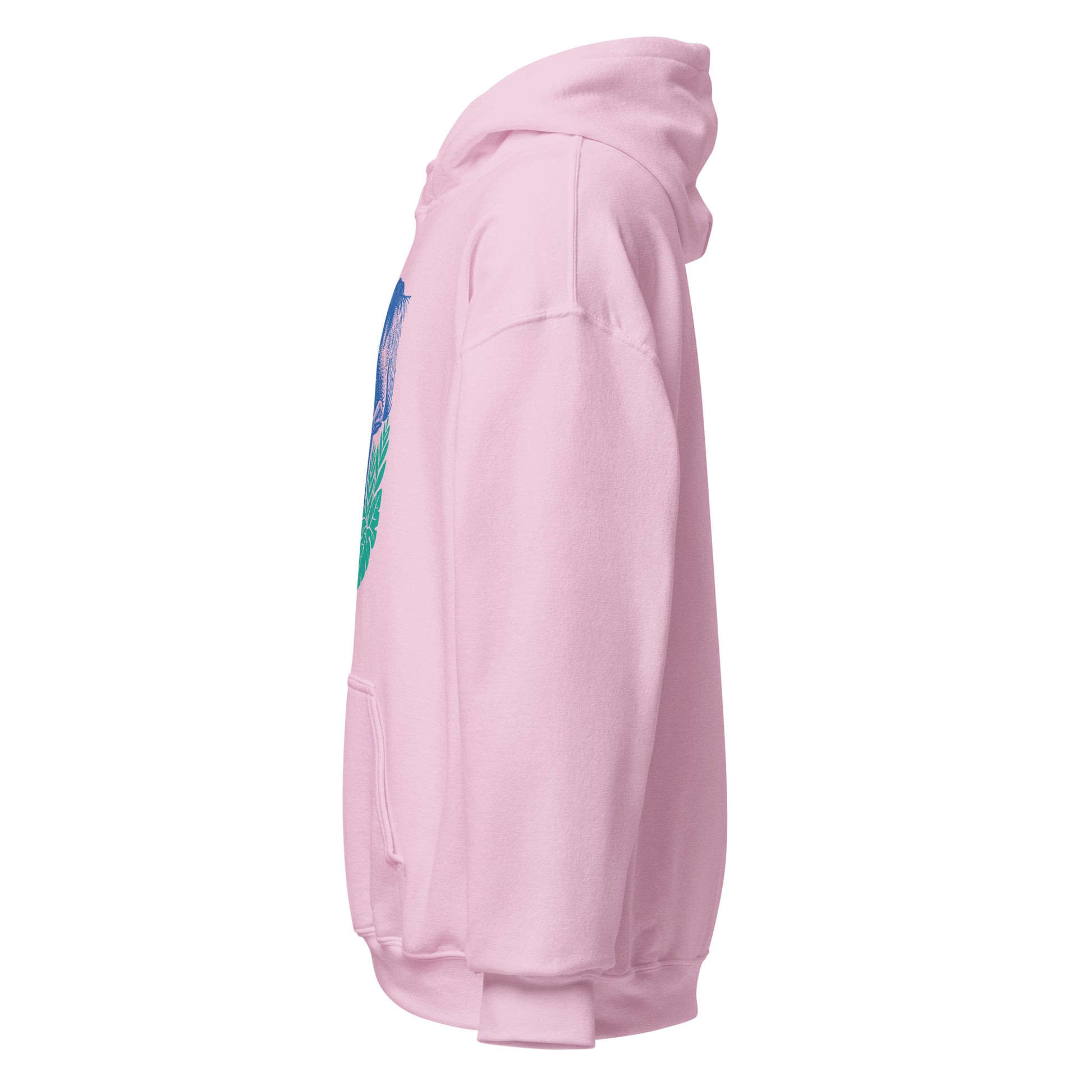 Hoodie mit blauem Pferdemotiv zwischen grünen Blättern und orangefarbenen Blumen