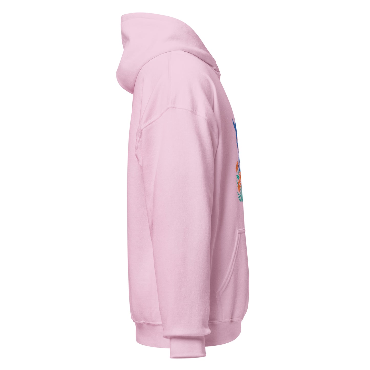 Hoodie mit blauem Pferdemotiv zwischen grünen Blättern und orangefarbenen Blumen
