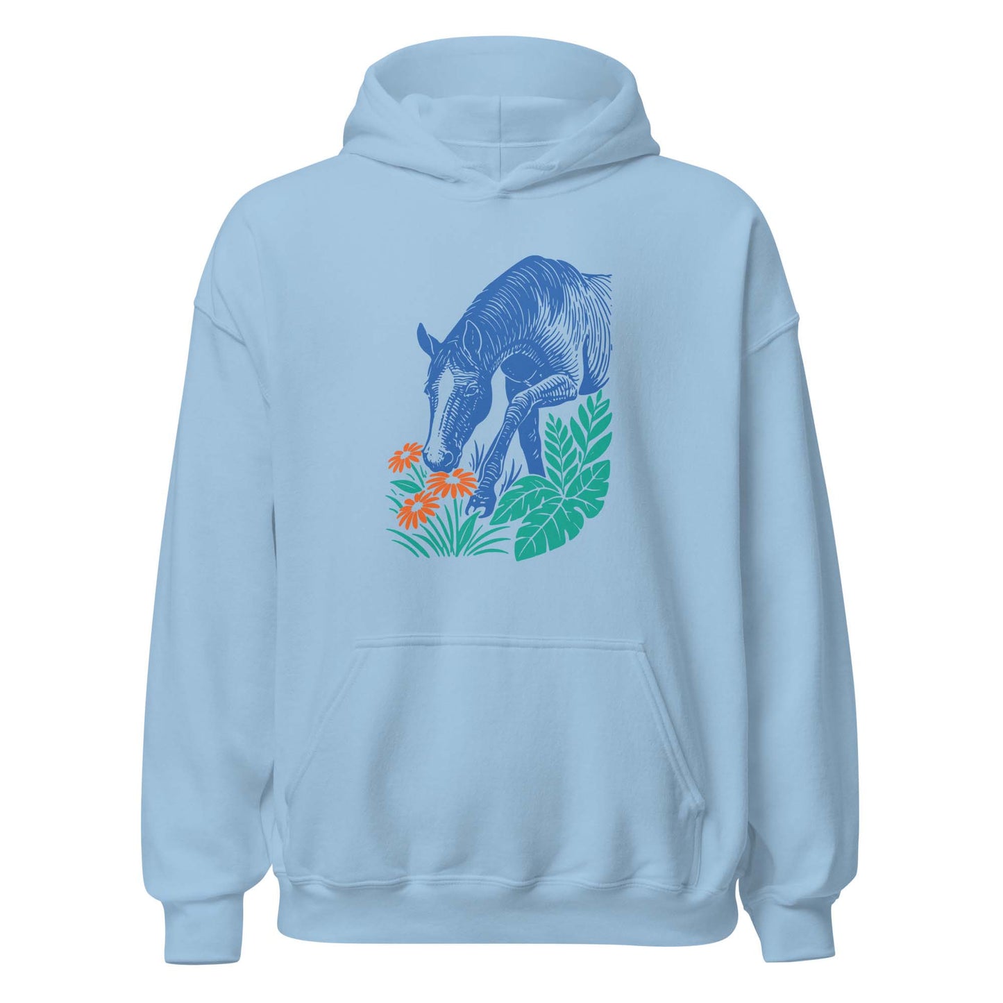 Hoodie mit blauem Pferdemotiv zwischen grünen Blättern und orangefarbenen Blumen