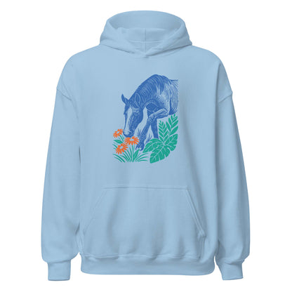Hoodie mit blauem Pferdemotiv zwischen grünen Blättern und orangefarbenen Blumen