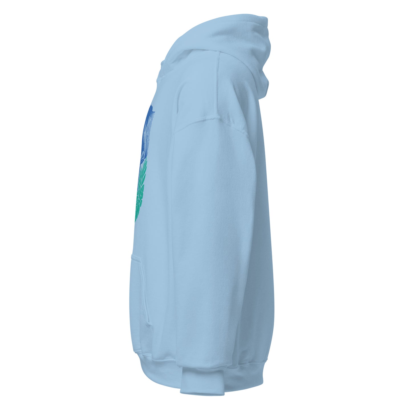 Hoodie mit blauem Pferdemotiv zwischen grünen Blättern und orangefarbenen Blumen