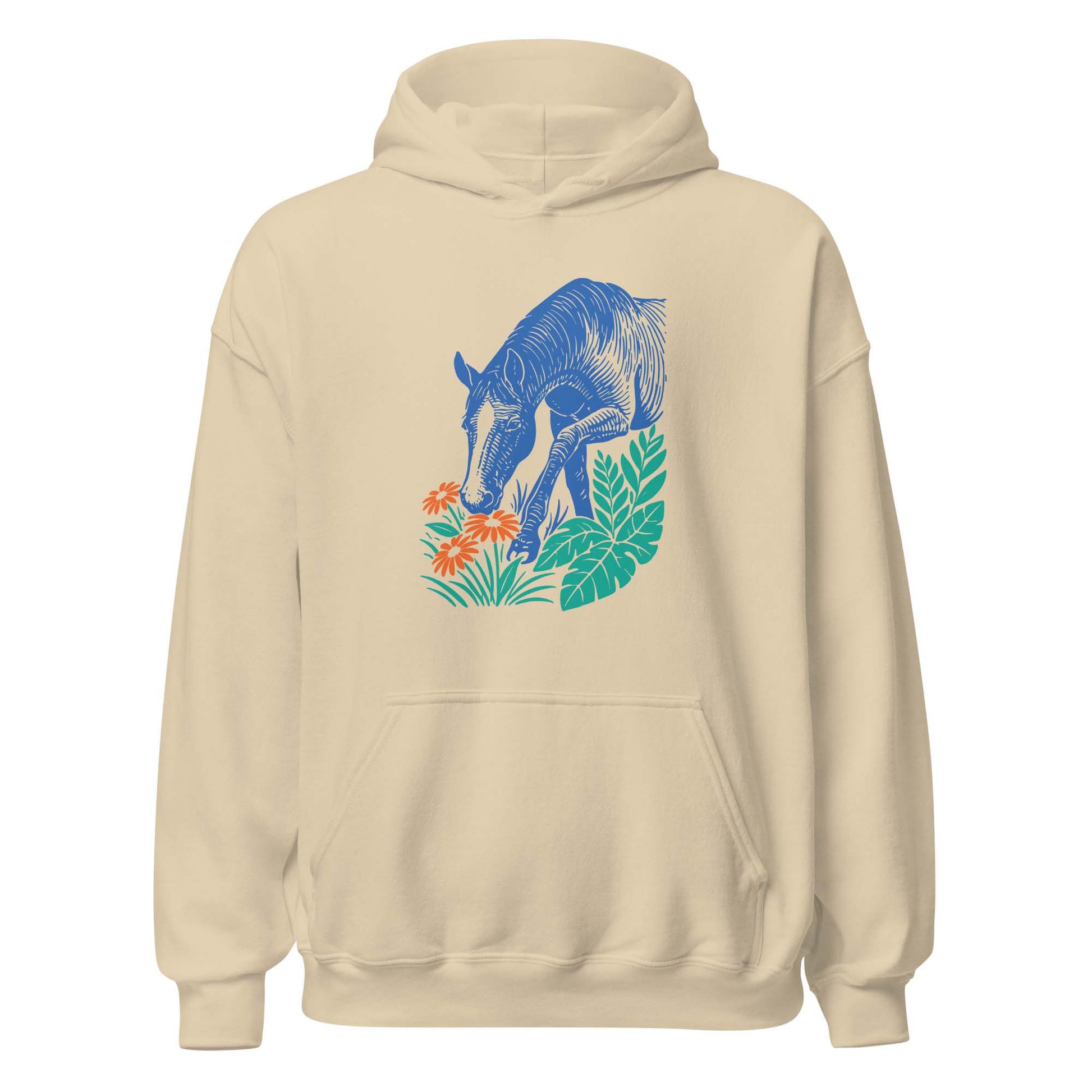Hoodie mit blauem Pferdemotiv zwischen grünen Blättern und orangefarbenen Blumen