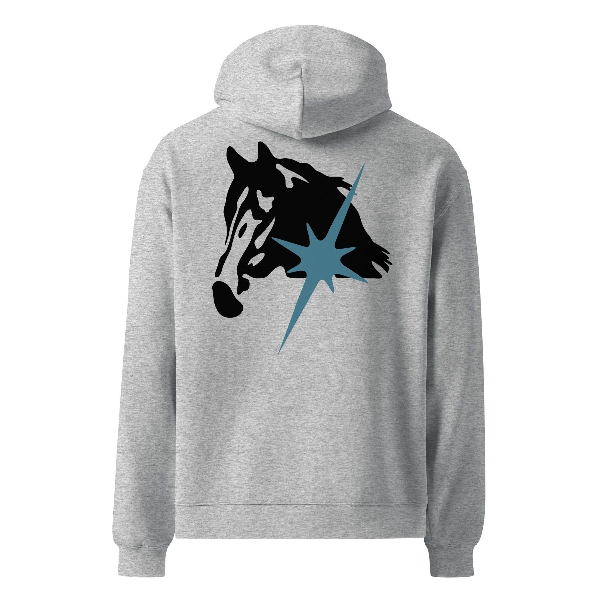 Grauer Hoodie mit schwarzem Pferdekopf-Motiv und blauem Stern-Element auf dem Rücken.